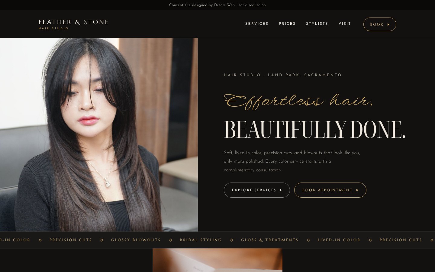 Laptop showing Feather and Stone, a made-up hair studio concept site: a dark, luxe homepage with a portrait of a woman with long black hair and the words Effortless hair, beautifully done.