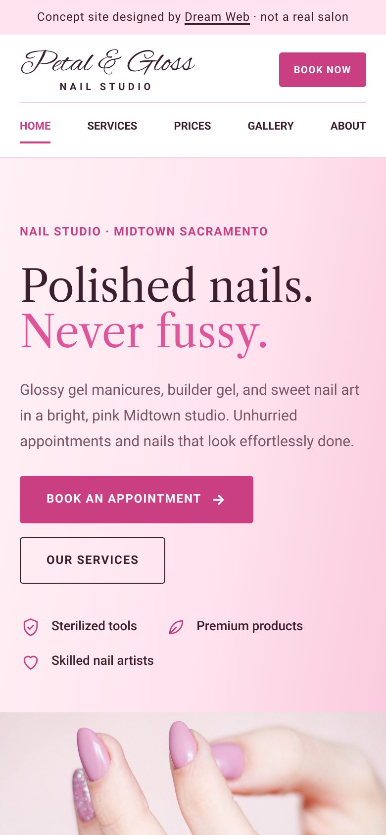 Petal and Gloss concept homepage on a phone