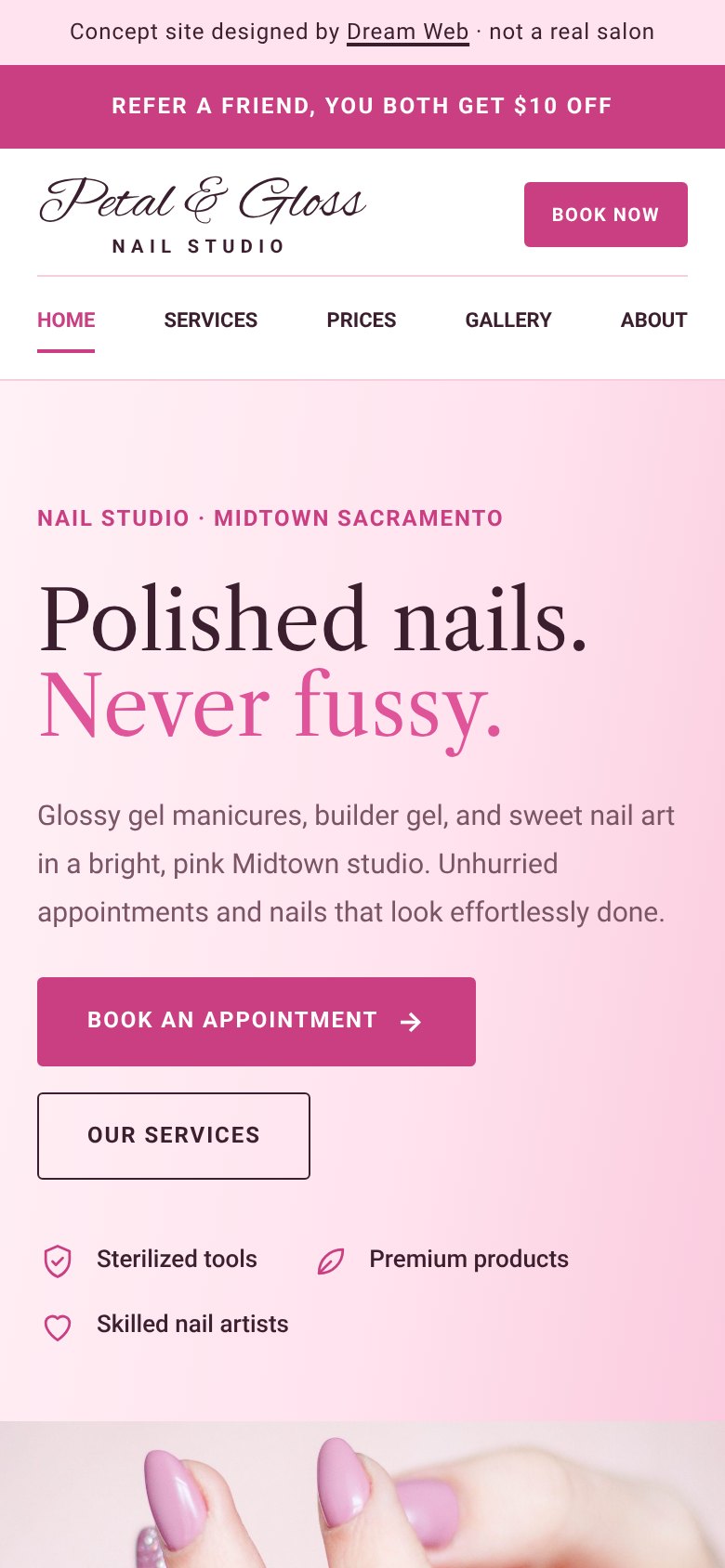 Phone showing the Petal and Gloss concept site with a new banner at the top: Refer a friend, you both get $10 off.